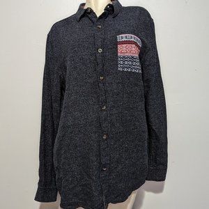 On the Byas Mens XL Button Down Cotton Shirt EUC Dark Blue Pattern Breast Pocket